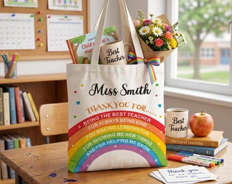 Personalised Thank You Teacher Gifts, Rainbow Canvas Tote Bag with Any Name, Teacher Appreciation Gifts for Women
