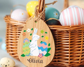 Easter Gifts for Kids Personalised Easter Basket Tag Gifs for Boys Girls Children Engraved Wooden Eggs Bunny Basket Tag Decoration