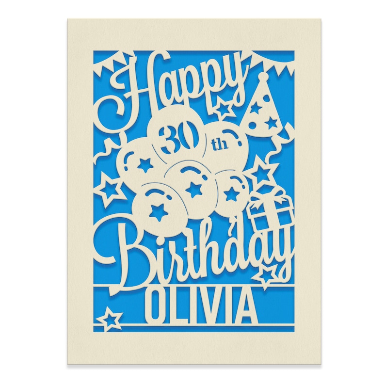 May include: A white card with a blue background and a cut-out design of balloons, stars, a party hat, and a gift box. The text "Happy 30th Birthday Olivia" is cut out of the card.