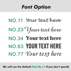 May include: A graphic showing five different font options for text. The options are numbered 11, 23, 34, 63, and 77. The text "Your text here" is shown in each font style. The default font is number 11.