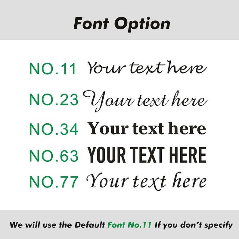 May include: A graphic showing five different font options for text. The options are numbered 11, 23, 34, 63, and 77. The text "Your text here" is shown in each font style. The default font is number 11.