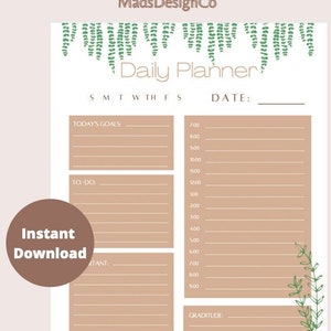 PRINTABLE DAILY PLANNER | To Do List | Printable Productivity Day Planner for Work | Work Day Diary | School | Plants | Neutral