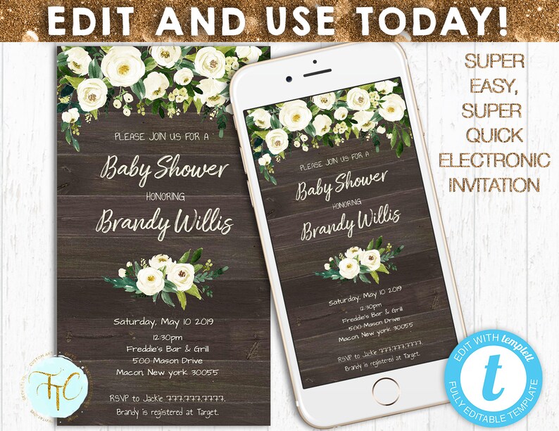 Editable Digital Invitation Baby Shower Evite Floral Baby Etsy