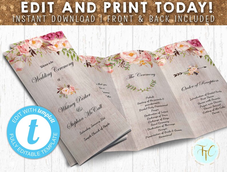 Instant Download Trifold Wedding Program Wedding Program Etsy