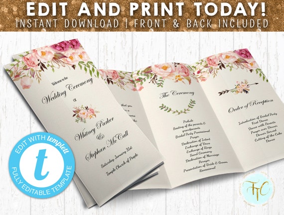 Wedding Program Template Editable Wedding Trifold Program Etsy