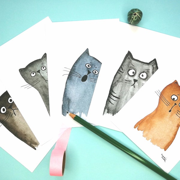 Katzen Postkarten 5er Set, lustige Katzenbilder, Katzen Kunst Postkarten, Katzen Aquarell Illustration, Katzen Portrait, Katzenliebhaber