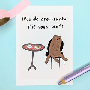 Postkarte Einladung zum Frühstück, Katzen Croissants und Kaffee, französischer Text, Café in Paris, Frankreich Liebe, Grußkarte Frankreich