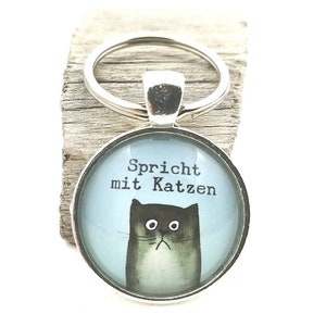 Puede incluir: Llavero plateado con un colgante redondo que presenta una ilustraci&oacute;n de un gato de dibujos animados. El gato es negro y gris con una expresi&oacute;n triste, sobre un fondo azul claro. El texto "Spricht mit Katzen" est&aacute; encima del gato.