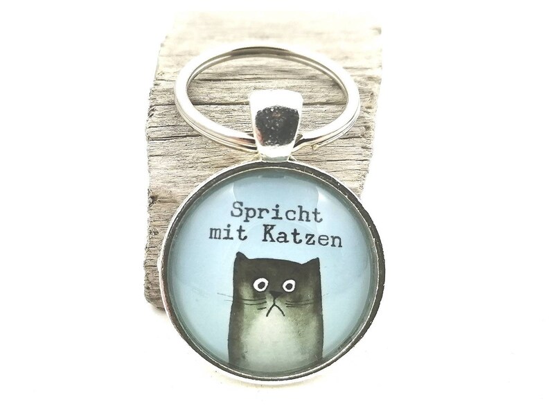 Puede incluir: Llavero plateado con un colgante redondo que presenta una ilustraci&oacute;n de un gato de dibujos animados. El gato es negro y gris con una expresi&oacute;n triste, sobre un fondo azul claro. El texto "Spricht mit Katzen" est&aacute; encima del gato.