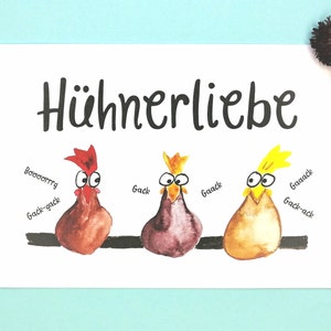 Postkarte Huhn, Hühner Grußkarte, Hühnerstall Grüße, Hühnerliebe für Hühnerhalter, Hühner auf der Stange, Geburtstagskarte mit Hennen