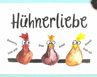 Postcard chicken, chicken greeting card, chicken coop greetings, chicken love for chicken keepers, chickens on the perch, birthday card with hens