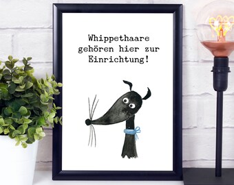 Poster Whippet Motiv, lustiger Hundehaare Spruch, Hunde Wanddeko, Windhund Motiv Poster, Geschenk für Whippet-Halter