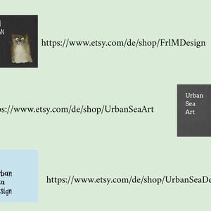 Puede incluir: La imagen presenta tres logotipos de tiendas Etsy. El primero, sobre un fondo oscuro, muestra un gato de dibujos animados y el texto "Frl M Design". El segundo, sobre un fondo oscuro, dice "Urban Sea Art". El tercero, sobre un fondo azul claro, dice "Urban Sea Design".