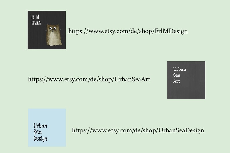 Puede incluir: La imagen presenta tres logotipos de tiendas Etsy. El primero, sobre un fondo oscuro, muestra un gato de dibujos animados y el texto "Frl M Design". El segundo, sobre un fondo oscuro, dice "Urban Sea Art". El tercero, sobre un fondo azul claro, dice "Urban Sea Design".