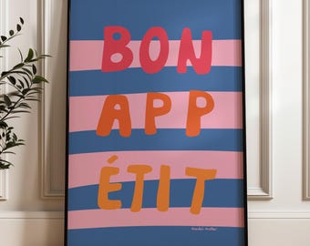 Bon Appétit kitchen poster, French poster, striped design, dining room decoration, good appetite, food and drink poster, family meal