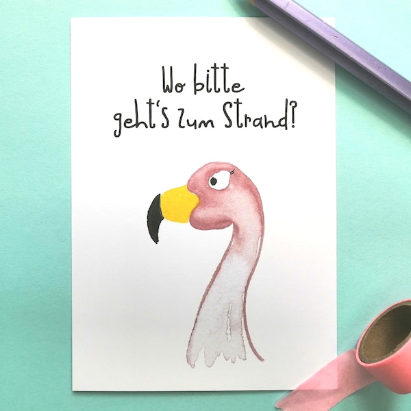 Postkarte Flamingo, Rosa Flamingo Grußkarte, Pool Party Einladung, Strand und Sommer, Urlaubspostkarte mit Flamingo, Strand Party, Badenixe