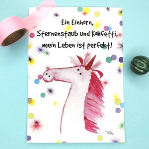 Postkarte Einhorn mit  Konfetti, motivierender Spruch, Selbstfürsorge und Selbstliebe, Karte zur Trennung und Scheidung