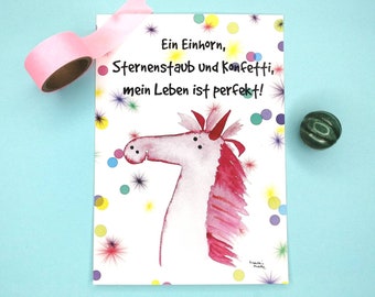 Postkarte Einhorn mit  Konfetti, motivierender Spruch, Selbstfürsorge und Selbstliebe, Karte zur Trennung und Scheidung