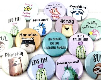 Animal motif button set, funny pins, cactus decoration, sloth brooch, unicorn button, bear motif, illustrations with funny sayings