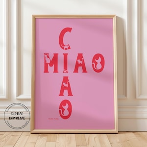Affiche chat en rose, poster télécharger décoration salon, cadeau propriétaire chat, poster chat coloré, tableau mural avec dicton chat