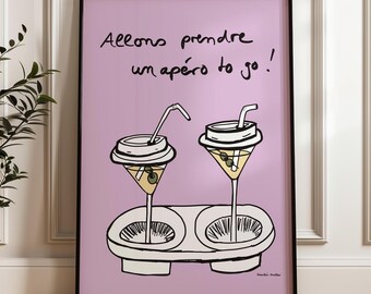 Apero to go poster, aperitif poster with French saying, kitchen poster, cocktail glasses drawing, retro design wall picture, bar cart print