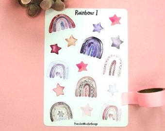 Boho Rainbow Sticker, Pastel Rainbow and Stars, Paper Sticker Sheet, Planner Sticker, Journaling Accessories, Calendar Sticker Watercolor