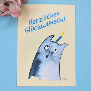 Postkarte Geburtstag, Geburtstagskarte Katze, Katzen-Postkarte, Herzlichen Glückwunsch, Grußkarte Katzenbild, Katzen Kunst Postkarte