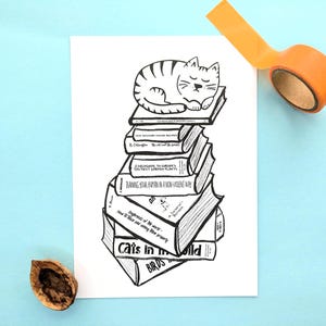 Katze und Bücher Postkarte, Katzen-Postkarte, Lesen Journaling und Tagebuch, Glückwunschkarte Katze, lustige Katzen Bilder, Katzen Literatur