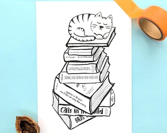 Cat and books postcard, cat postcard, reading journaling and diary, cat greeting card, funny cat pictures, cat literature