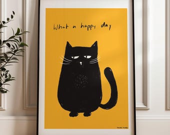 Poster with black cat, funny cat, Happy day, picture for the living room, poster print dining room, colorful poster, cat poster, poster DIN A1