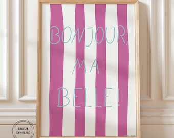 Póster con texto en francés, imagen de baño, póster de afirmación para descargar, póster tipográfico imprimible, diseño de rayas rosa y turquesa.