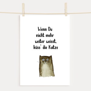Cat poster with text, cat illustration, German text, poster print watercolor cat, kiss the cat, cat lady, cat picture,