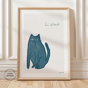 Blue cat poster, sitting cat, poster download, abstract cat motif, living room picture, gift for cat owners, French poster