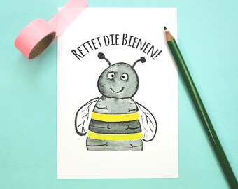 Postkarte Rettet die Bienen, Grußkarte Bienen, Postkarte Imker, Honig-Bienen, Grußkarte Tiere, Postkarte Natur, Umweltschutz, Naturschutz