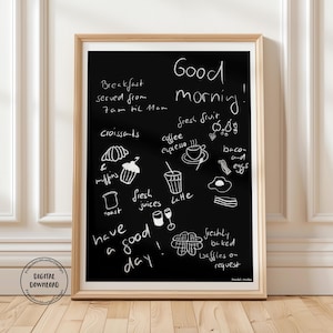 Cartaz de cozinha American Diner, download de cartaz de café da manhã, cartão de menu de café, imagem de sala de jantar, cafeteria, design de quadro-negro em preto e branco