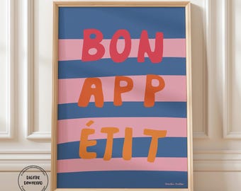 Póster de cocina "Buen provecho", póster francés, descarga de póster, diseño de rayas, decoración de comedor, buen apetito, póster de comida y bebida