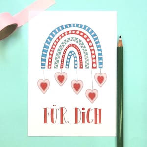 Postkarte Regenbogen, für Dich Karte, Grußkarte bunter Regenbogen, Boho Stil, Geschenkbeilage, Glückwunschkarte Herzchen