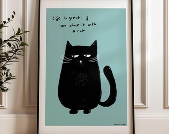 Cat poster black cat, gift cat mom, funny cat decoration, cat love wall picture