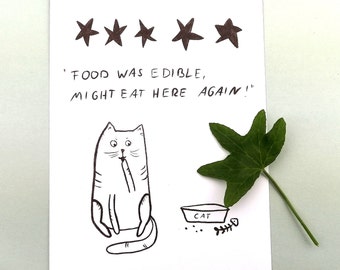 Katzenpostkarte Essen, 5 Sterne Bewertung, lustige Katzenkarte, Katzen Kunst Postkarte, Katzen-Bild, Grußkarte Katze, Einladung Abendessen