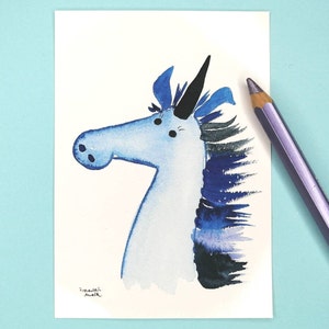 Postkarte Einhorn, Grußkarte blaues Einhorn, Karte zum Geburtstag