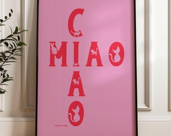 Pink cat poster, living room decoration, gift for cat owners, colorful cat poster, wall picture with cat saying, typography poster