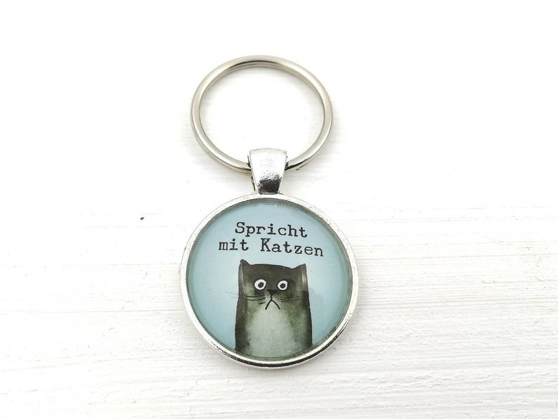 Puede incluir: Llavero plateado con un colgante redondo. El colgante muestra una ilustraci&oacute;n en acuarela de un gato gris y el texto "Spricht mit Katzen" sobre un fondo azul claro. El gato tiene una expresi&oacute;n triste.