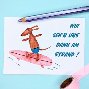 Postkarte Surfen, Dackel Grußkarte, Strand-Urlaub, Freunde treffen