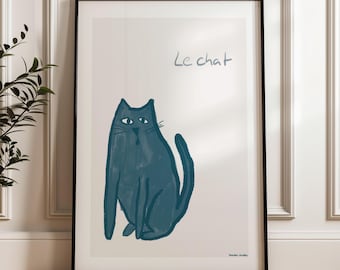 Blue cat poster, French text, cat painting, poster for living room, gift for cat owners, abstract cat motif