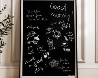 Breakfast menu, cafe poster, chalkboard design, black and white poster, coffee and croissants, dining room poster, kitchen poster brunch