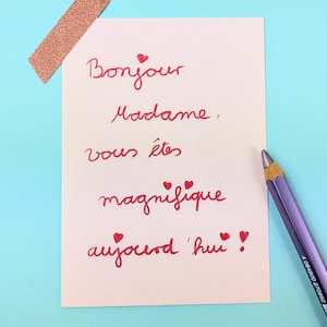 Postkarte französisches Kompliment, Achtsamkeit und Selfcare, Zitat Sprüchekarte, Selbstliebe Karte, handgeschriebenes Design