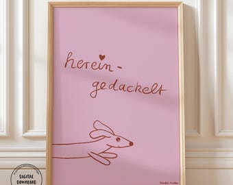 Pôster de Dachshund, pôster rosa-vermelho para download, para escada e corredor, presente para donos e amantes de cães