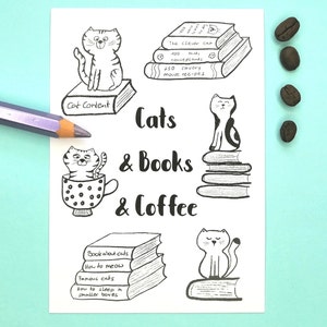 Kaffee Katze Bücher, Postkarte Katze, Katzen-Postkarte, Kaffee Deko, Lesen und Buch, Glückwunschkarte Katze, lustige Katzen Bilder