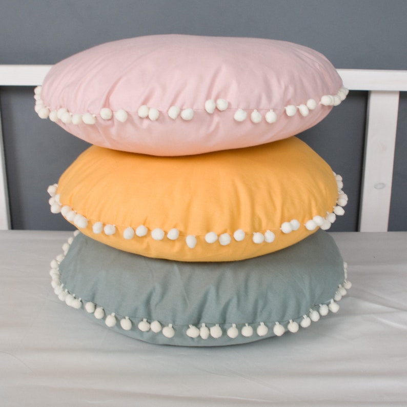 Round Pillow With Pom Poms 16 Diameter Removable Cover Etsy