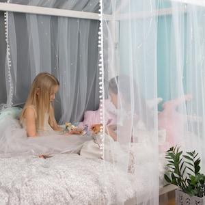 White or milk Tulle CANOPY with POM POMS for the Frame bed Montessori House baldachin hanging canopy bed curtain decor princess teepee style